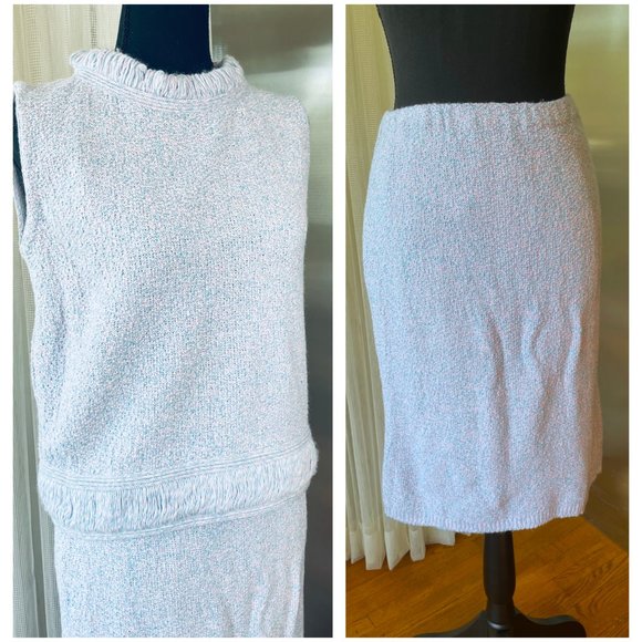 Vintage 60s two pieces set, pink and blue wool sleeveless top and straight skirt - Picture 3 of 7